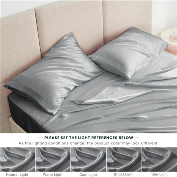 Love's cabin Satin Queen Sheets Set - 4 Piece Dark Grey Silky Satin Bed Sheets - Picture 6 of 7